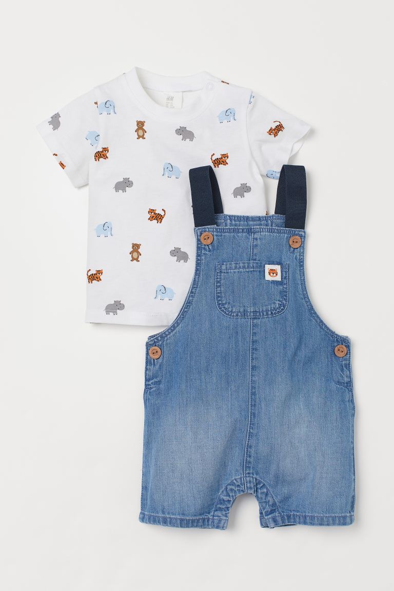 2 Piece Cotton Set-Dungaree shorts Bear